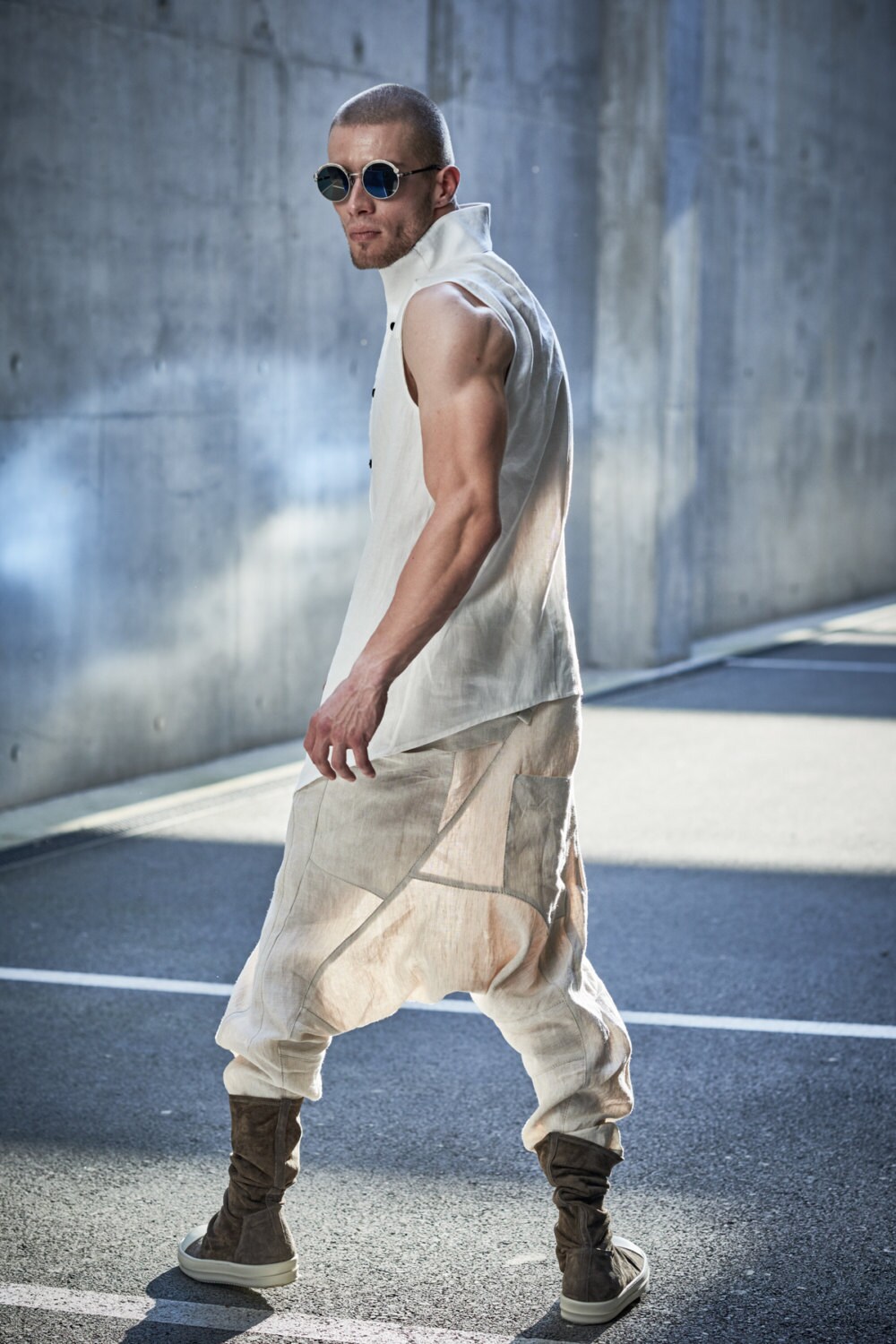 Linen Cropped Pants / Drop Crotch Trousers / Linen Low