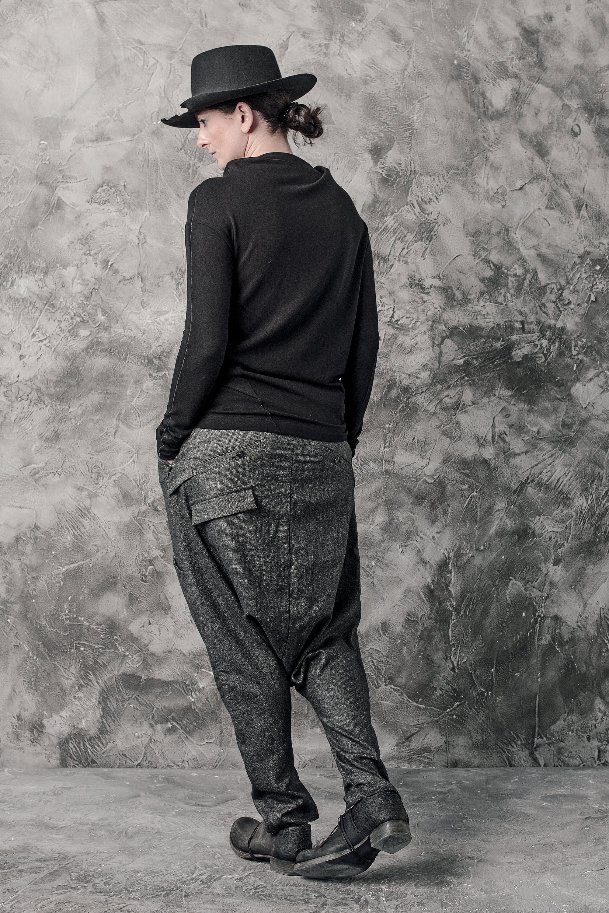 Gray Melange Trousers Womens Urban Pants Drop Crotch | Etsy