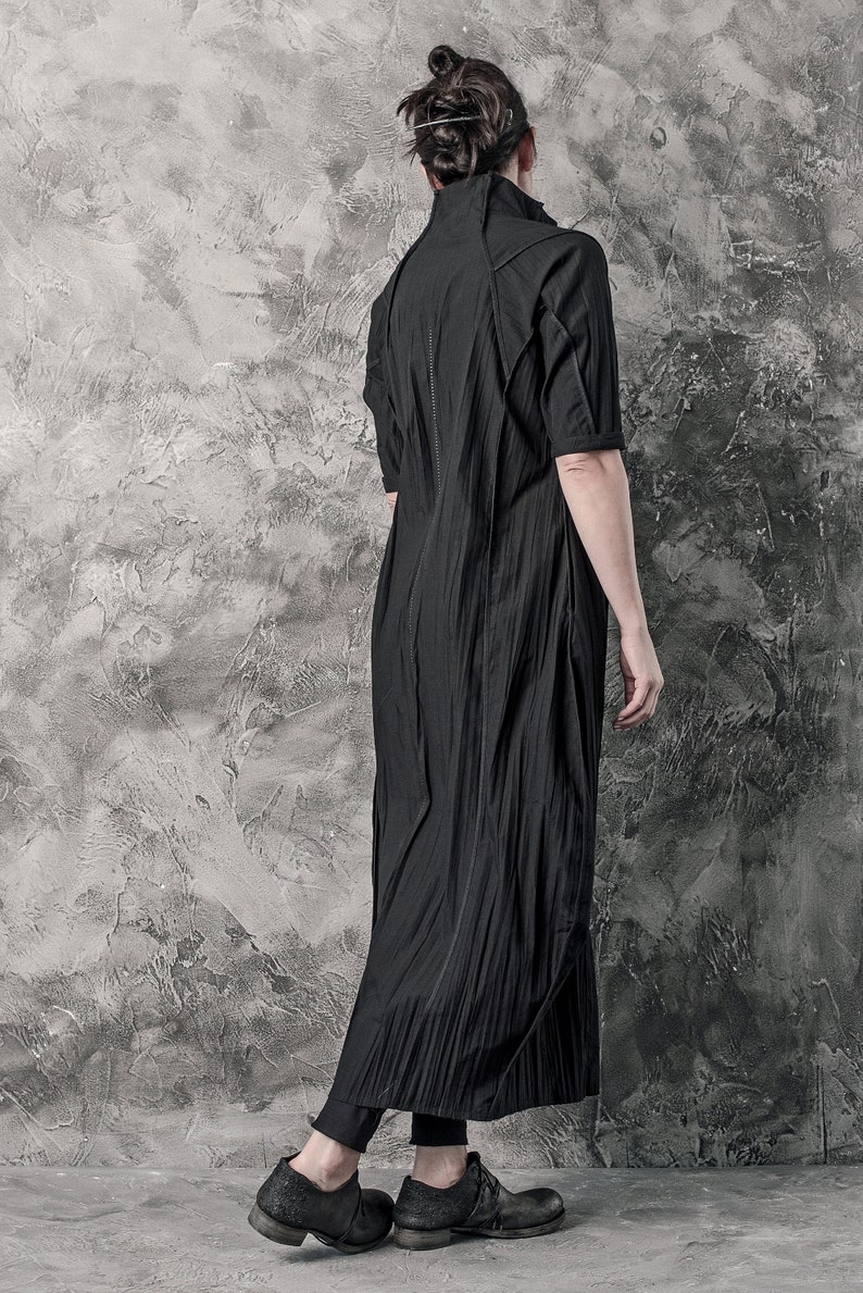 Futuristic Black Dress Long Dress Minimalist Long Shirt Wrinkled Shirtdress Handcrafted Shirt Progressive Wear by Powha image 2