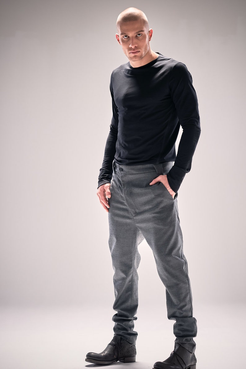 Mens Modern Trousers / Neutral Grey Wool Pants / Asymmetrical Trousers / Drop Crotch Mens Pants / Urban Clothing by POWHA image 1