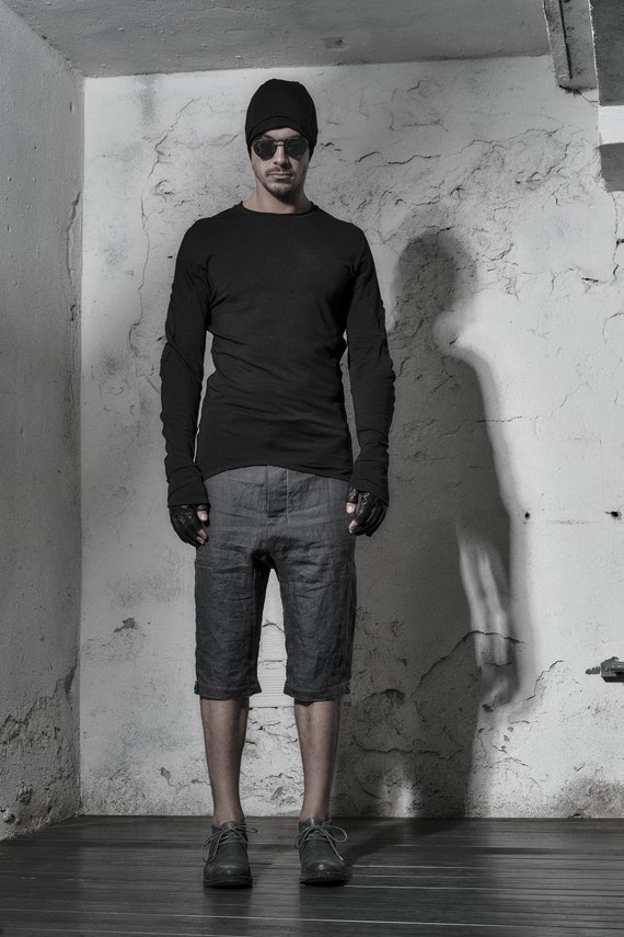 Kinetic Black Mens Top: Asymmetrical Hem, Urban Clothing