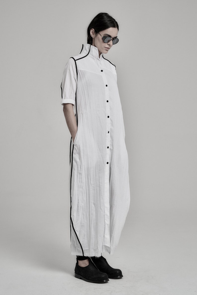 Futuristic White Dress Long Dress Minimalist Long Shirt Wrinkled Shirtdress Handcrafted Shirt Progressive Wear by POWHA image 1