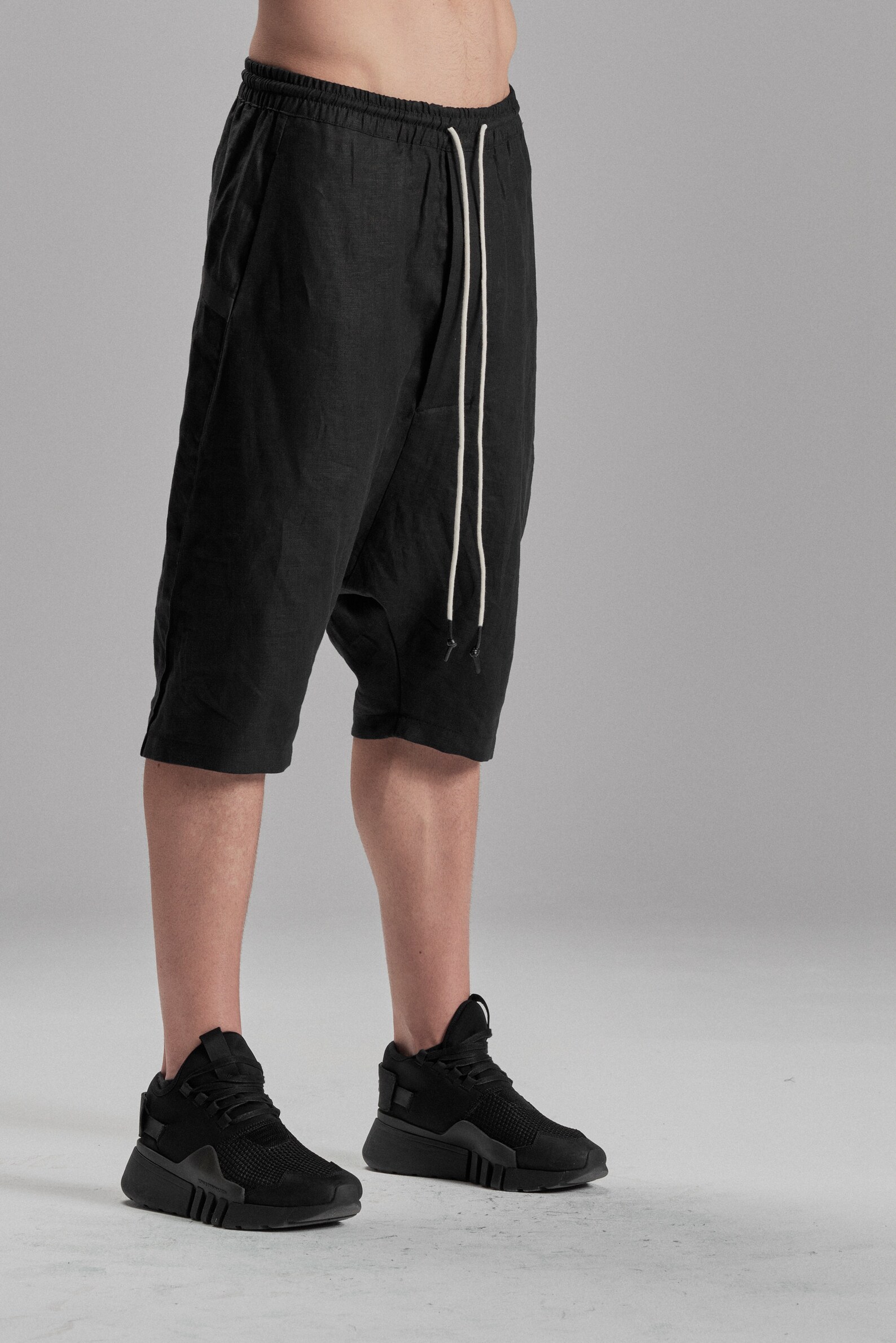 Black Linen Shorts / Mens Drop Crotch Trousers / Minimalist - Etsy