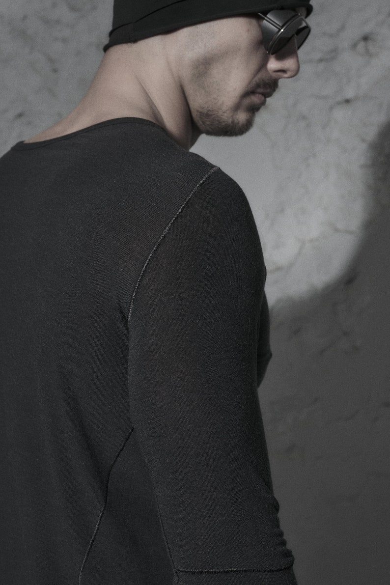 Black Top / Distorted Wool Shirt / Distorted Asymmetrical Shirt / Mens Clothing / Long Sleeved Asymmetric Top by POWHA image 7