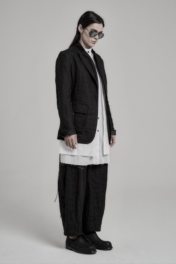Deviation Boiled Black Linen Jacket Linen Blazer Womens Jacket Extravagant Clothing by POWHA