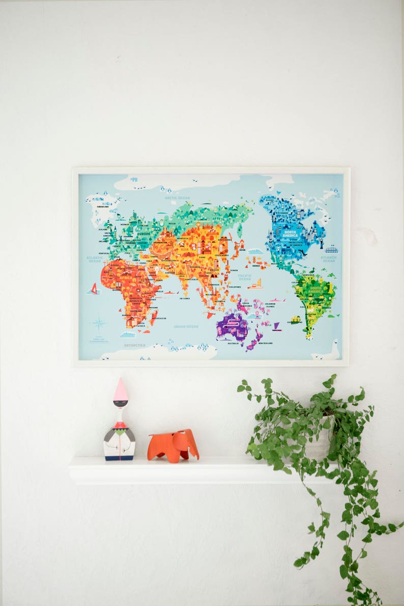 Wonder World A2 B2 illustrated world map, kids room, kids world map, world map nursery, kids map, kid world map, kid room decor image 5