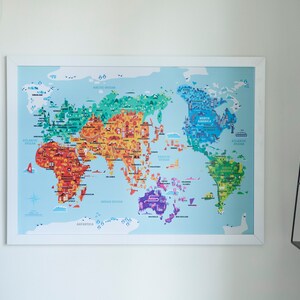 Wonder World A2 B2 illustrated world map, kids room, kids world map, world map nursery, kids map, kid world map, kid room decor zdjęcie 6