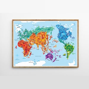 Wonder World A2 B2 illustrated world map, kids room, kids world map, world map nursery, kids map, kid world map, kid room decor zdjęcie 1