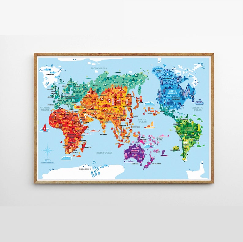 Wonder World A2 B2 illustrated world map, kids room, kids world map, world map nursery, kids map, kid world map, kid room decor image 1