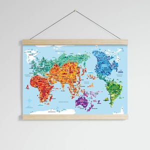 Wonder World A2 B2 illustrated world map, kids room, kids world map, world map nursery, kids map, kid world map, kid room decor image 4