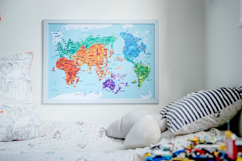 Wonder World A2 B2 illustrated world map, kids room, kids world map, world map nursery, kids map, kid world map, kid room decor image 8