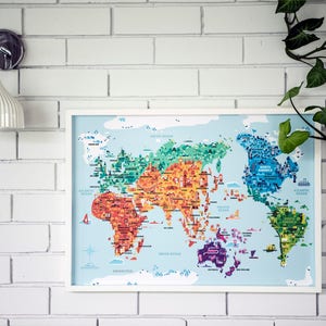 Wonder World A2 B2 illustrated world map, kids room, kids world map, world map nursery, kids map, kid world map, kid room decor image 7