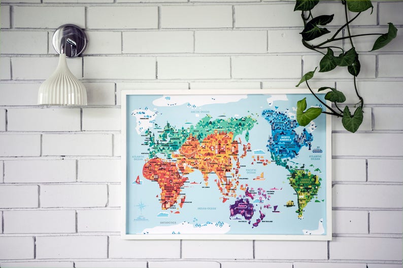 Wonder World A2 B2 illustrated world map, kids room, kids world map, world map nursery, kids map, kid world map, kid room decor zdjęcie 7