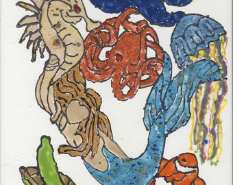 Meerjungfrau #268 Kreatur des Meeres Handbemalter Ofen gebrannt dekorative Keramik Wandkunst Fliese 20 x 6