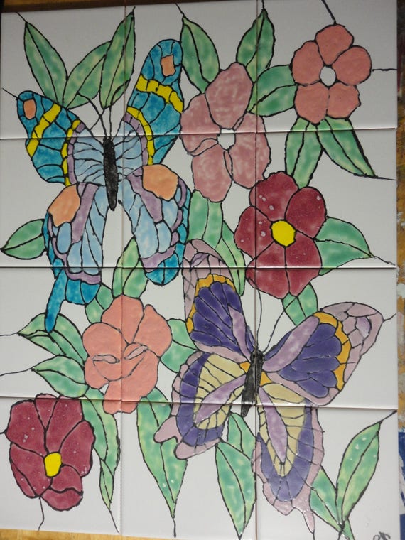 Butterfly with Red Flower Decorative Ceramic Wall Art Tile 4x4