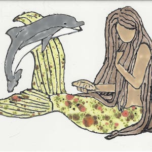 Mermaid  #242 with Dolphin Hand Painted Kiln Fired Decorative Ceramic Wall Art Tile 8 x 6