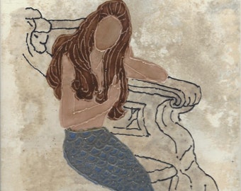 Mermaid Day Dreaming Handbemalt Ofen gebrannt dekorative Keramik Wand Kunst Fliese 20 x 12