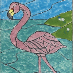 Flamingo #402 Hand Painted Kiln Fired Decorative Ceramic Wall Art Tile 8 x 6