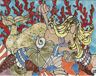 Mermaid 225 ruht auf Riff Hand bemalt Ofen abgefeuert Dekorative Keramik Wand Kunst Tile 8 x 6