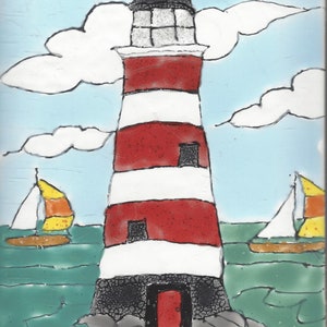 Leuchtturm mit Segelbooten #23021 Handbemalte Dekorative Keramikfliese 15 x 20 cm