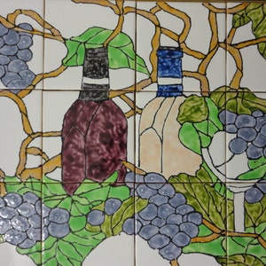 Wine Bottles and Grapes Back Splash Mural Hand Painted Kiln Fired Decorative Ceramic Wall Art Tile 12.75" X 17" x 1/4"