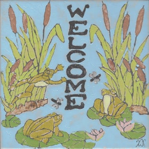 Frog Pond Welcome Hand Painted Kiln Fired Decorative Ceramic Wall ArtTile 8 x 8