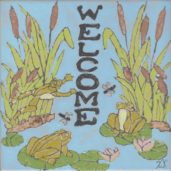 Frog Pond Welcome Hand Painted Kiln Fired Decorative Ceramic Wall Art Tile 8 x 8