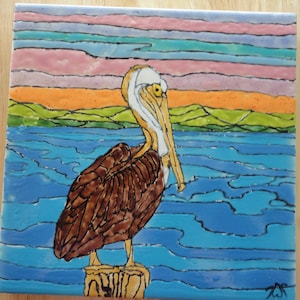 Pelican Sunset Hand Painted Kiln Fired Decorative Ceramic Wall ArtTile 8 x 8