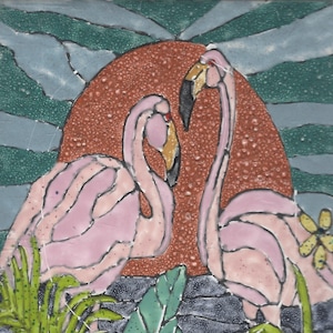 Flamingo Sunset #22100 Hand Painted Kiln Fired Decorative Ceramic Wall Art Tile 8 x 6