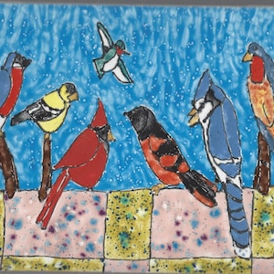 Beautiful Backyard Birds on Quilt #22106 Hand Painted Kiln Fired Decorative Ceramic Wall Art Tile 8 x 6