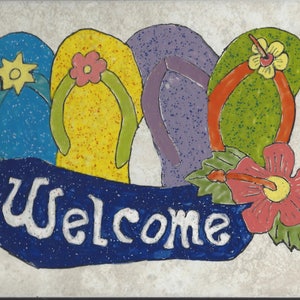Flip Flop Welcome #005 Hand Painted Kiln Fired Decorative Ceramic Wall Art Tile 8  x 12