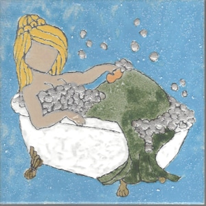 Bodacious Mermaid Bubble Bath  Hand Painted Kiln Fired Decorative Ceramic Wall Art Tile 8 x 8