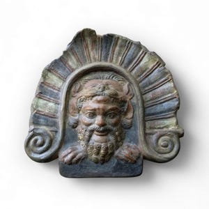 polychrome terracotta silenus etruscan antefix reproduction, hand made and painted signed, antiqued, reproduction cm 26 x 26 cm approx.