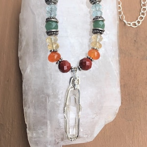 Full Chakra Rainbow necklace with Quartz Crystal pendant, Gemstones, Chakra Balancing, Metaphysical, Sedona Jewelry, Charged