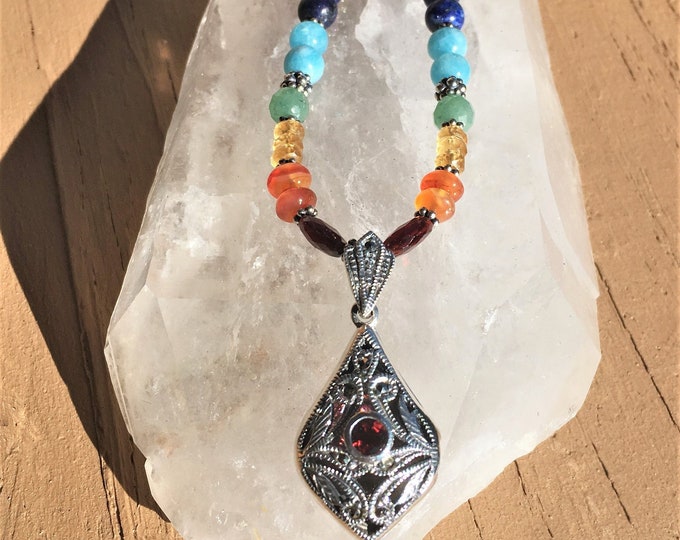 Full Chakra Rainbow 7 chakra balancing necklace with Garnet locket pendant Sedona & Reiki charged Metaphysical Jewelry Align Chakra Energies