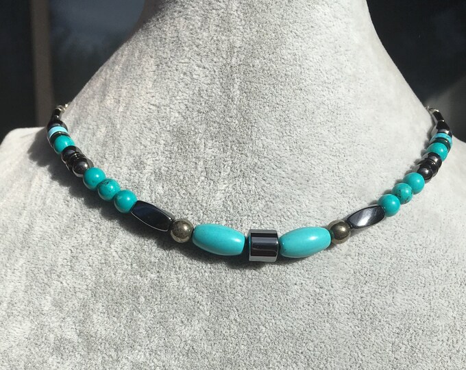 Men or Women TURQUOISE and HEMATITE Power Wisdom and Grounding Chakra Necklace Sedona & Reiki Charged Metaphysical Power Protection Jewelry