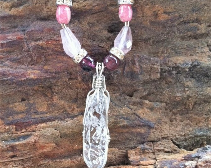 Open Heart necklace with Quartz Crystal pendant, Sedona and Reiki charged Metaphysical, Yoga, Rose Quartz necklace for Compassion & Caring