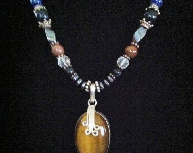 Ancient Wisdom with Tiger-eye Pendant with Red Jasper & Lapis  Sterling Silver, Sedona and Reiki Charged Knowledge necklace, Understanding