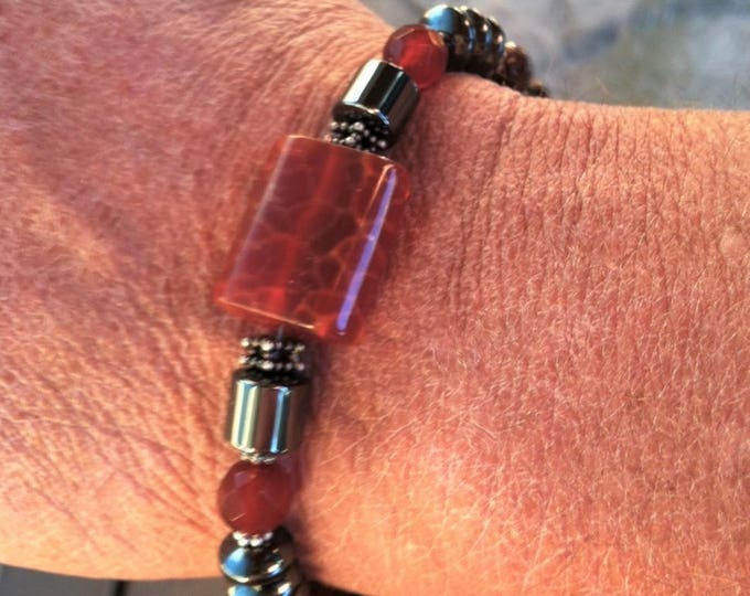 Grounding and Centering Mens Bracelet FIRE AGATE, Chakra balancing, Sedona, Metaphysical Healing Jewelry, Charged, Power necklace