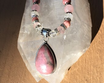 OPEN HEART and PREGNANCY necklace, Sedona and Reiki, Charged, Pregnant Mothers, Inner Child, Rhodonite, Sterling Silver Pendant. Rose Quartz