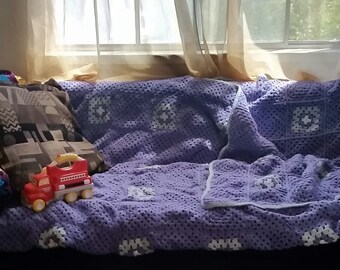 Handmade, Queen-Sized, Lavender Crocheted Blanket/Throw Made with Granny Squares and Pale Green Crab-Stitch Border