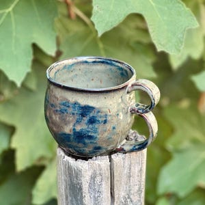 Puede incluir: Una taza de cerámica hecha a mano con un cuerpo redondeado y un asa curva. La taza presenta una paleta de colores moteados y terrosos con acentos azules y marrones. La taza está sobre un poste de madera desgastada, con follaje verde en el fondo.
