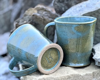 Pair of Aqua/Green  14 oz. Handmade Mugs