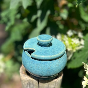 May include: A round, turquoise ceramic sugar bowl with a speckled finish and a matching lid. The lid features a small central knob and a notched opening on the side for a spoon. The glaze has a glossy, smooth texture with subtle color variations.