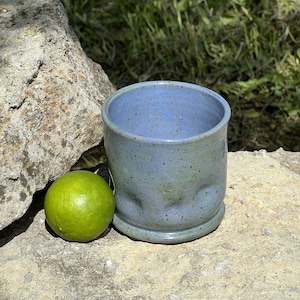 Könnte beinhalten: Eine blaue, gesprenkelte Keramiktasse mit abgerundetem Boden und leicht ausgestelltem Rand. Die Tasse steht auf einem Stein.