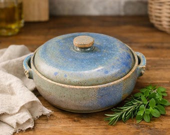 Handgemaakt 32 oz, 1 Qt. Blauw-groene braadpan van steengoed met handgrepen en deksel