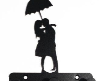 Couple Under Umbrella Silhouette Key Hook Rack - metal wall art romantic