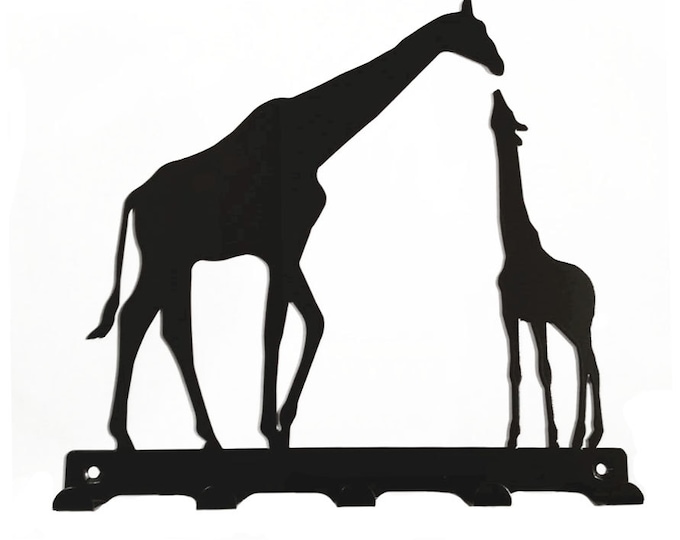 Mother and Baby Giraffe Silhouette Key Hook Rack - metal wall art