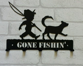 Gone Fishin' Boy and Dog Silhouette Key Hook Rack - keys, aprons, tea towels - metal wall art, laser cut solid steel