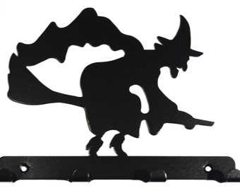 Witch Flying on Broomstick Silhouette Key Hook Rack - metal wall art